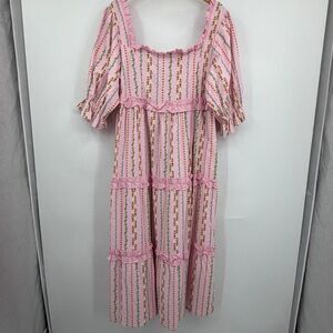 Neon Rose Pink Citrus Print Tiered Midi Dress NWT Size 18 Cotton Puff Sleeve